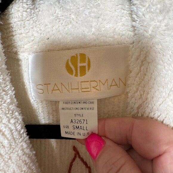 Stan Herman Cream Chenille Robe — Blue Pocket Scoop & Blue Coffee Back - VINTAGE - Picture 8 of 8